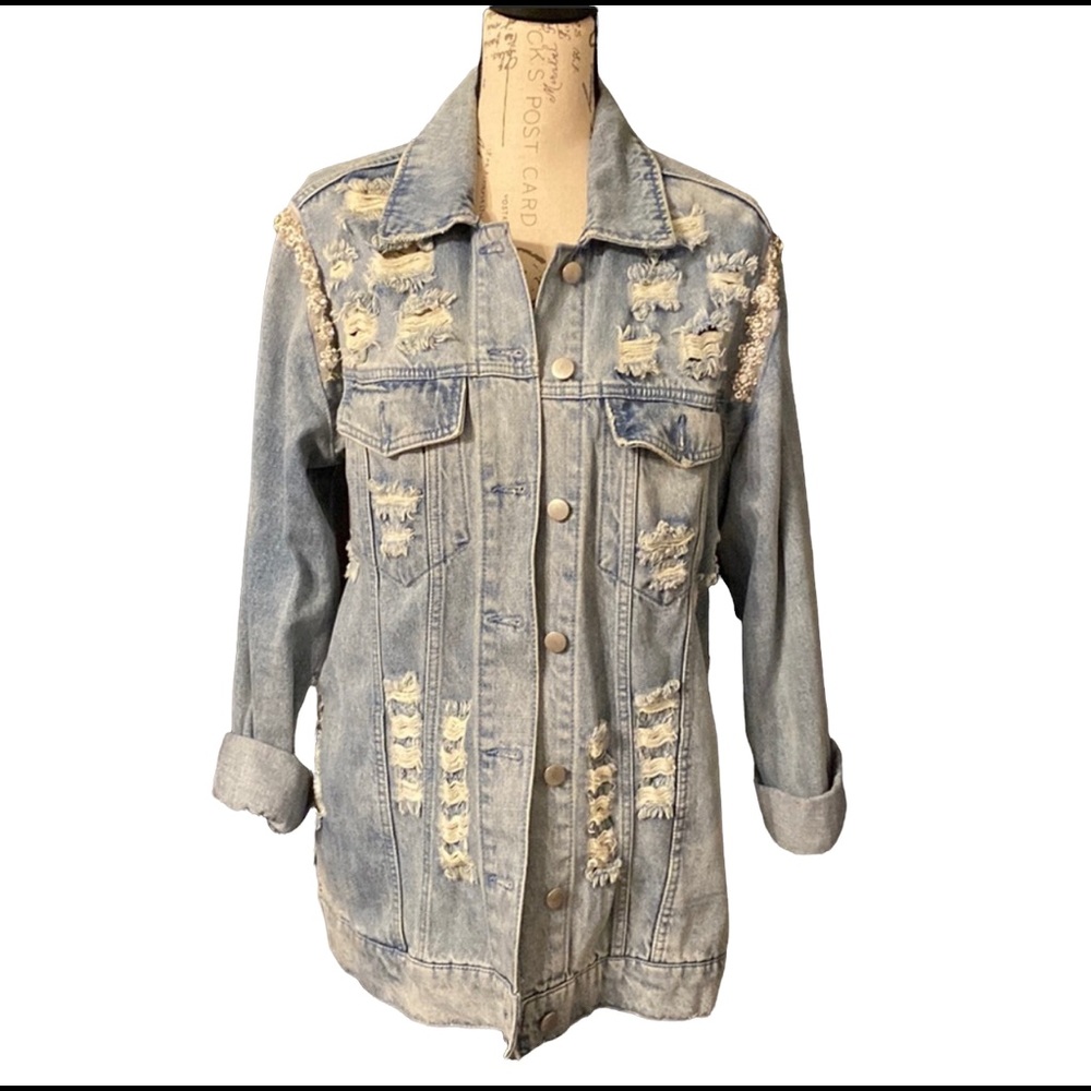 Aqua Denim Jacket Small.  Runs big.. Very cool and chic. Pearls and Rhinestones